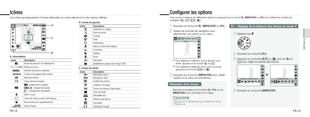 Samsung EC-NV9ZZPBA/IT Icônes, Conﬁgurer les options, Ex. Réglage de la balance des blancs en mode P, Remonter dun niveau 