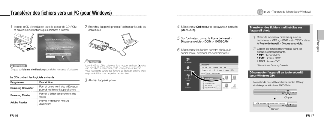 Samsung EC-NV9ZZPBB/IT manual Transférer des ﬁchiers vers un PC pour Windows, Déconnecter l’appareil en toute sécurité 