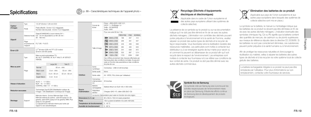 Samsung EC-NV9ZZBBA/IT, EC-NV9ZZSBA/FR, EC-NV9ZZPBA/FR Spéciﬁcations, Elimination des batteries de ce produit, FR-18 FR-19 