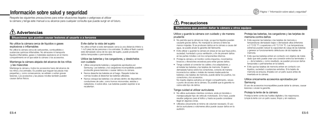 Samsung EC-NV9ZZBBA/E1 manual Información sobre salud y seguridad, Situaciones que pueden dañar la cámara u otros equipos 