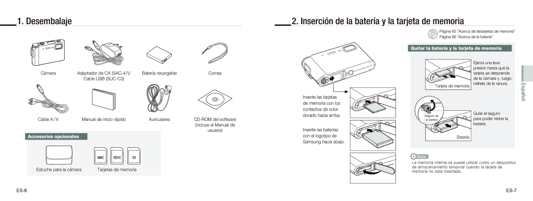 Samsung EC-NV9ZZBBA/VN, EC-NV9ZZSBA/FR Desembalaje Inserción de la batería y la tarjeta de memoria, Accesorios opcionales 