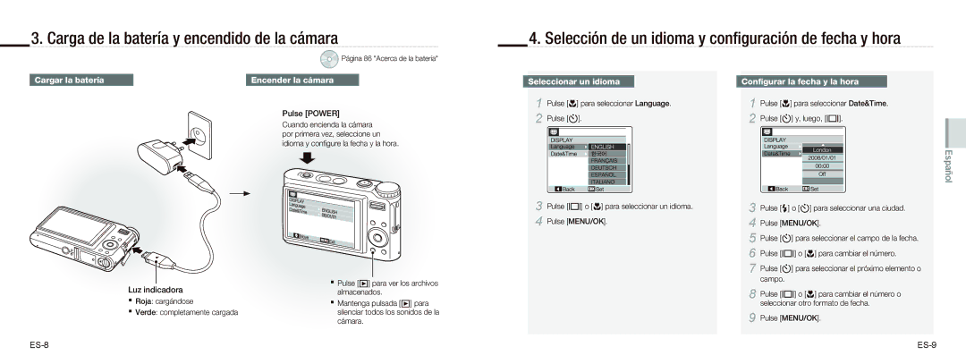 Samsung EC-NV9ZZSBA/VN Carga de la batería y encendido de la cámara, Selección de un idioma y conﬁguración de fecha y hora 