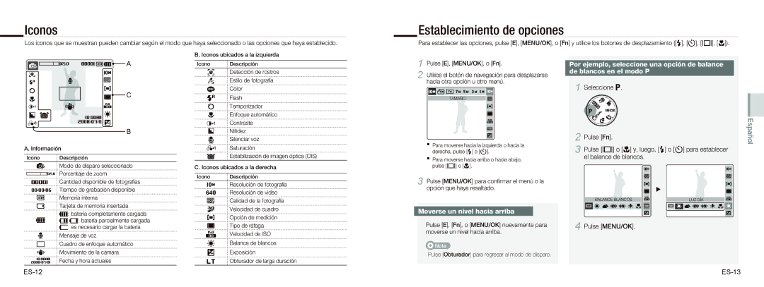 Samsung EC-NV9ZZBBA/E3, EC-NV9ZZSBA/FR, EC-NV9ZZPBA/FR Iconos, Establecimiento de opciones, Moverse un nivel hacia arriba 