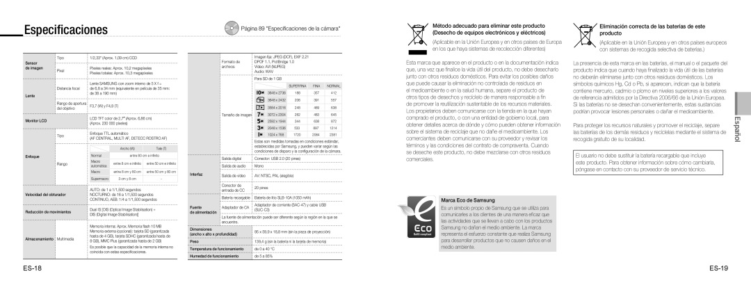 Samsung EC-NV9ZZSBA/E2, EC-NV9ZZSBA/FR Especiﬁcaciones, ES-18 ES-19, Eliminación correcta de las baterías de este producto 