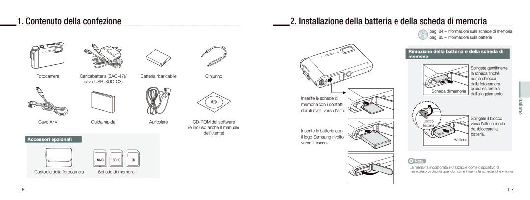 Samsung EC-NV9ZZBBA/RU, EC-NV9ZZSBA/FR manual Rimozione della batteria e della scheda di Memoria, Accessori opzionali 