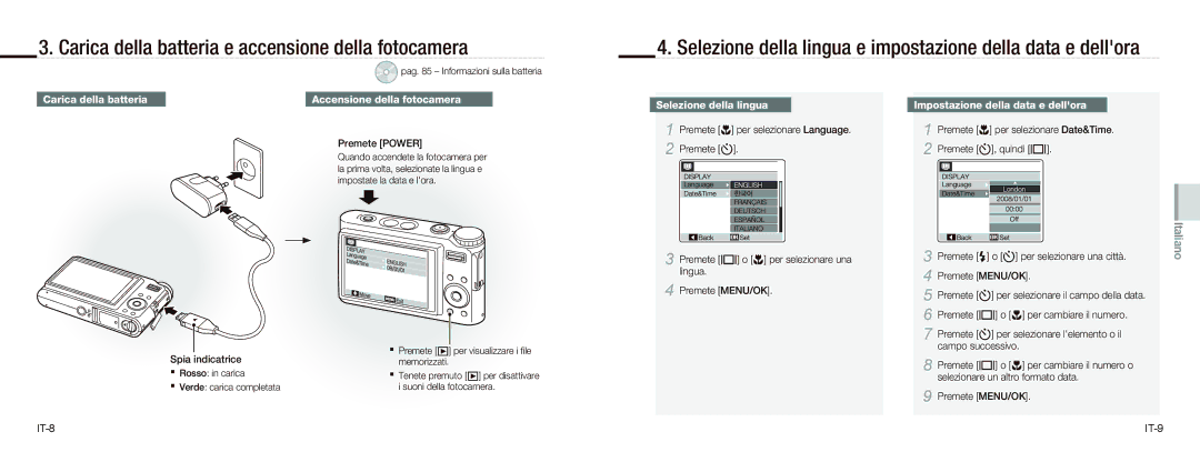 Samsung EC-NV9ZZSBA/RU, EC-NV9ZZSBA/FR manual Carica della batteria e accensione della fotocamera, Selezione della lingua 