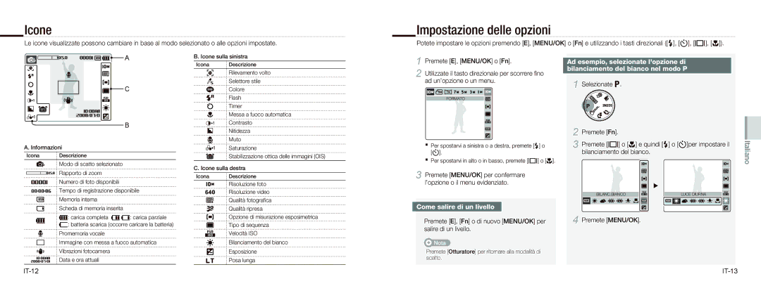 Samsung EC-NV9ZZPBA/FR manual Icone, Impostazione delle opzioni, Selezionate, Come salire di un livello, IT-12 IT-13 