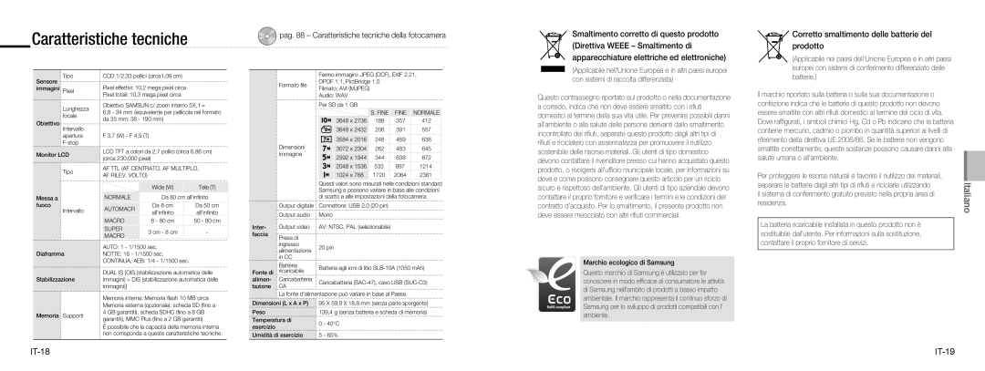 Samsung EC-NV9ZZPBA/IT manual Caratteristiche tecniche, Corretto smaltimento delle batterie del prodotto, IT-18 IT-19 