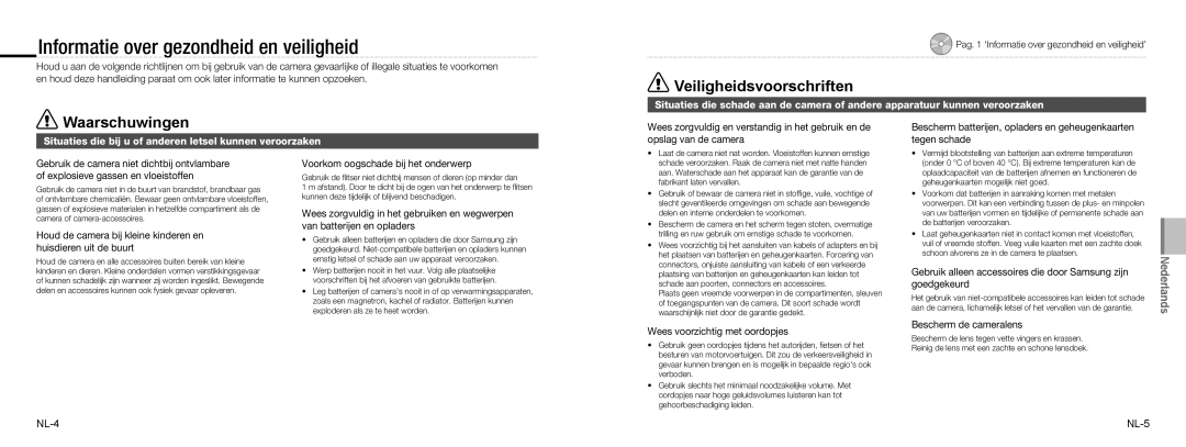 Samsung EC-NV9ZZPBB/IT Informatie over gezondheid en veiligheid, Situaties die bij u of anderen letsel kunnen veroorzaken 