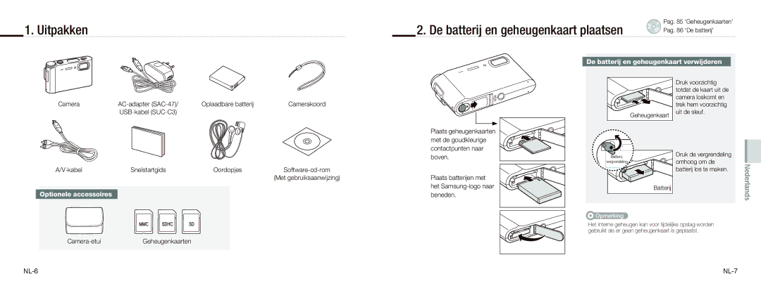 Samsung EC-NV9ZZBBA/IT manual Uitpakken De batterij en geheugenkaart plaatsen, De batterij en geheugenkaart verwijderen 