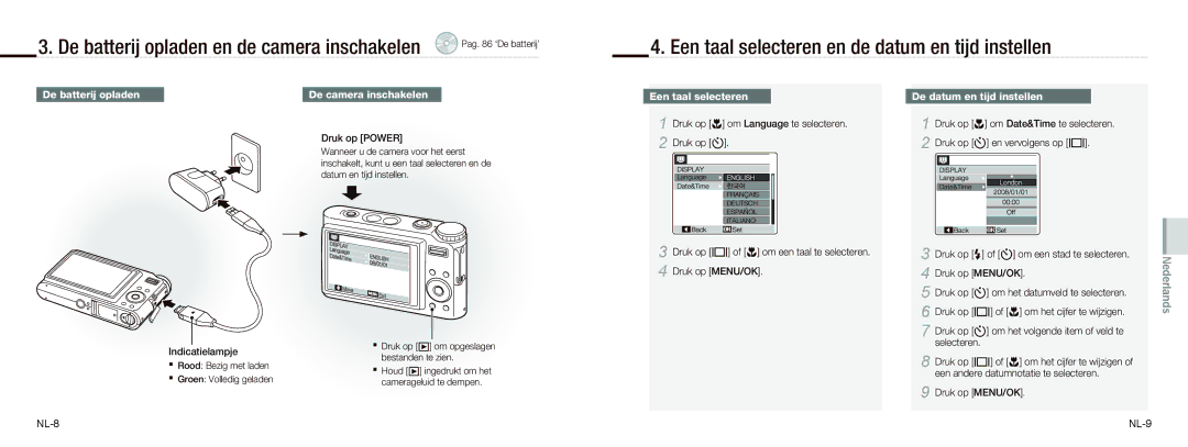 Samsung EC-NV9ZZSBB/IT Een taal selecteren en de datum en tijd instellen, De batterij opladen, De datum en tijd instellen 