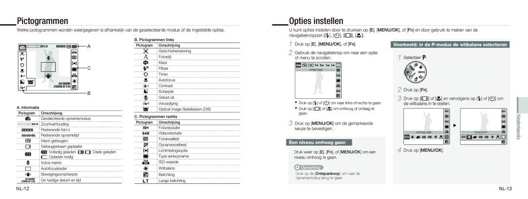 Samsung EC-NV9ZZBBA/VN, EC-NV9ZZSBA/FR Pictogrammen, Opties instellen, Voorbeeld in de P-modus de witbalans selecteren 