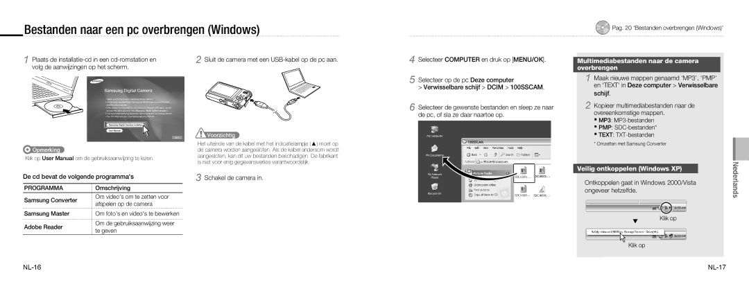 Samsung EC-NV9ZZPBA/VN manual Bestanden naar een pc overbrengen Windows, Multimediabestanden naar de camera Overbrengen 