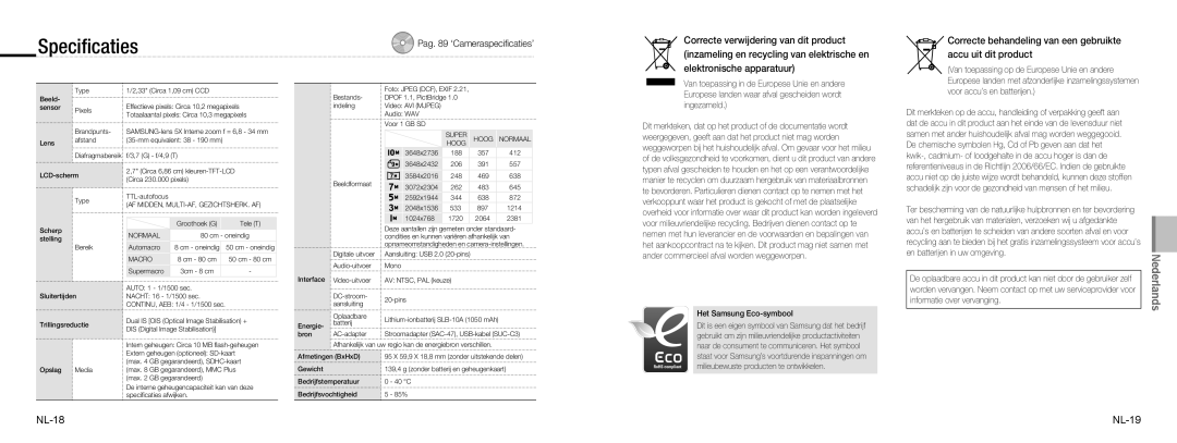 Samsung EC-NV9ZZBBA/E3 Speciﬁcaties, NL-18 NL-19, Van toepassing op de Europese Unie en andere, Het Samsung Eco-symbool 