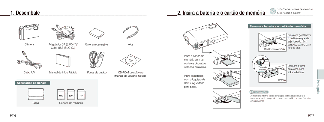 Samsung EC-NV9ZZSBA/E2, EC-NV9ZZSBA/FR manual Desembale, Remova a bateria e o cartão de memória, Acessórios opcionais 