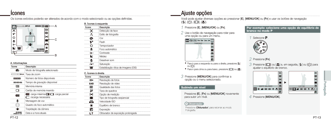 Samsung EC-NV9ZZBBA/RU, EC-NV9ZZSBA/FR, EC-NV9ZZPBA/FR, EC-NV9ZZBBA/FR manual Ícones, Ajuste opções, Subindo um nível 