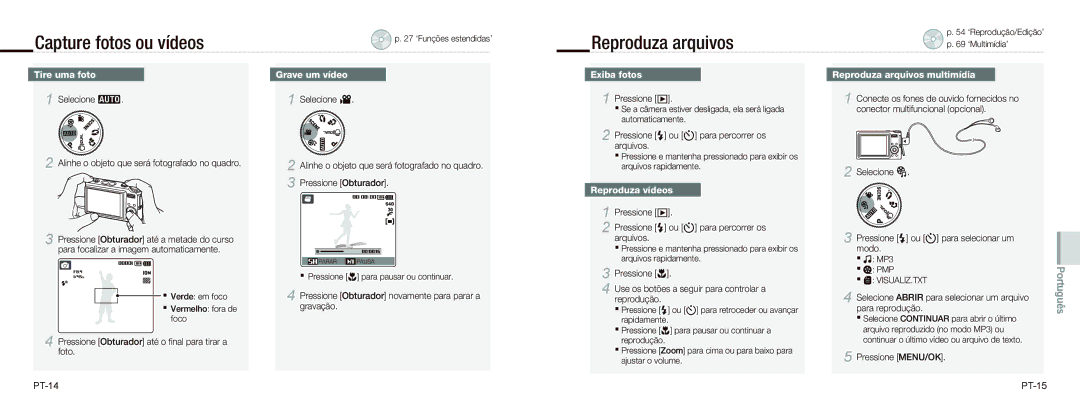 Samsung EC-NV9ZZSBA/RU, EC-NV9ZZSBA/FR, EC-NV9ZZPBA/FR, EC-NV9ZZBBA/FR manual Capture fotos ou vídeos, Reproduza arquivos 