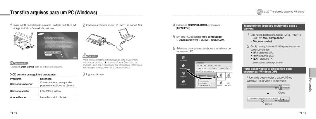 Samsung EC-NV9ZZSBA/FR manual Transﬁra arquivos para um PC Windows, Transferindo arquivos multimídia para a Câmera 