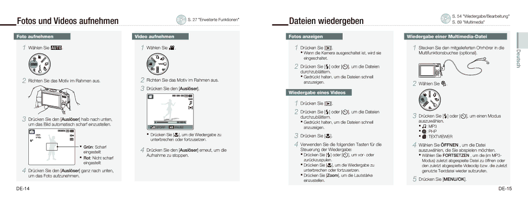 Samsung EC-NV9ZZPBA/E2, EC-NV9ZZSBA/FR, EC-NV9ZZPBA/FR, EC-NV9ZZBBA/FR manual Fotos und Videos aufnehmen, Dateien wiedergeben 