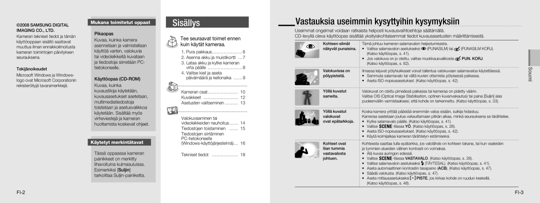 Samsung EC-NV9ZZSBA/RU manual Vastauksia useimmin kysyttyihin kysymyksiin, Mukana toimitetut oppaat, Käytetyt merkintätavat 