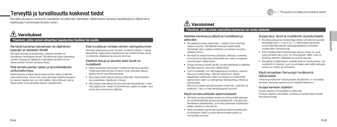 Samsung EC-NV9ZZSBA/FR, EC-NV9ZZPBA/FR, EC-NV9ZZBBA/FR, EC-NV9ZZSBA/IT manual Terveyttä ja turvallisuutta koskevat tiedot 