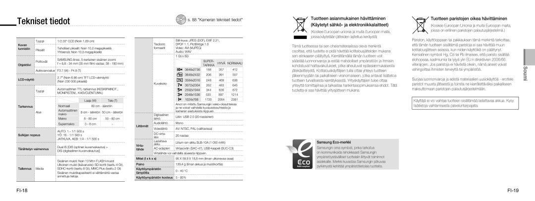 Samsung EC-NV9ZZBBA/IT manual Tekniset tiedot, Tuotteen paristojen oikea hävittäminen, FI-18 FI-19, Samsung Eco-merkki 