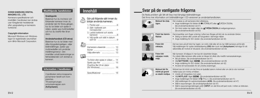 Samsung EC-NV9ZZSBB/IT manual Svar på de vanligaste frågorna, Medföljande handböcker, Information i handboken, SV-2 