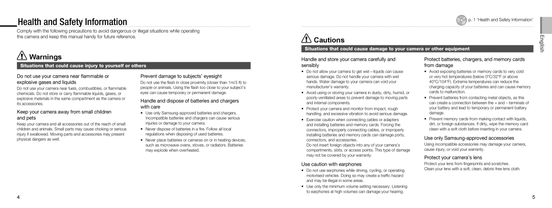 Samsung EC-NV9ZZSBA/IT manual Health and Safety Information, Situations that could cause injury to yourself or others 