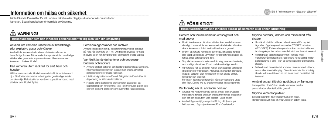 Samsung EC-NV9ZZBBA/E1, EC-NV9ZZSBA/FR, EC-NV9ZZPBA/FR, EC-NV9ZZBBA/FR, EC-NV9ZZSBA/IT manual Information om hälsa och säkerhet 