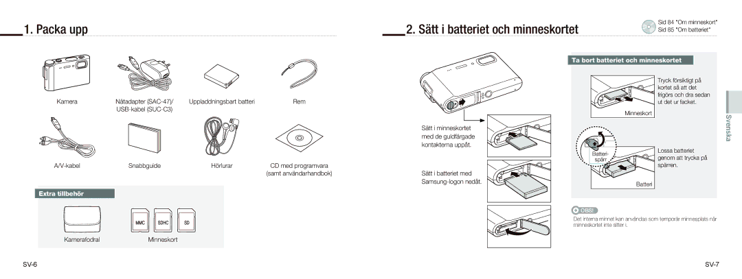 Samsung EC-NV9ZZBBA/VN Packa upp Sätt i batteriet och minneskortet, Ta bort batteriet och minneskortet, Extra tillbehör 