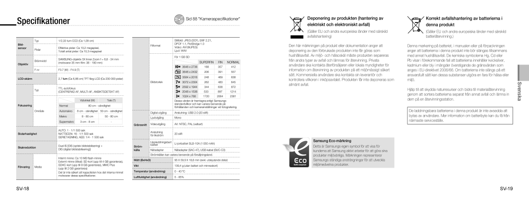 Samsung EC-NV9ZZSBA/E2 manual Speciﬁkationer, Korrekt avfallshantering av batterierna i denna produkt, SV-18, SV-19 