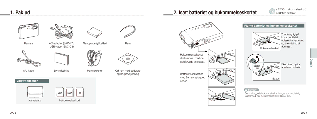 Samsung EC-NV9ZZBBA/RU, EC-NV9ZZSBA/FR, EC-NV9ZZPBA/FR Pak ud, Fjerne batteriet og hukommelseskortet, Valgfrit tilbehør 