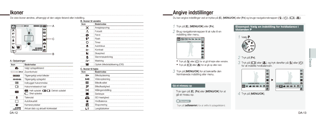 Samsung EC-NV9ZZPBA/FR, EC-NV9ZZSBA/FR Angive indstillinger, Eksempel Vælg en indstilling for hvidbalance, Tilstanden P 