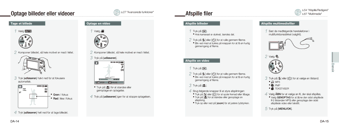 Samsung EC-NV9ZZBBA/FR, EC-NV9ZZSBA/FR, EC-NV9ZZPBA/FR, EC-NV9ZZSBA/IT manual Optage billeder eller videoer, Afspille ﬁler 