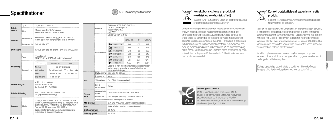 Samsung EC-NV9ZZPBA/IT manual Korrekt bortskaffelse af batterierne i dette produkt, DA-18 DA-19, Samsungs økomærke 