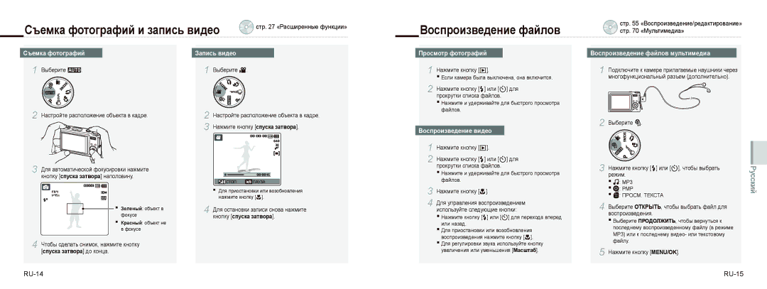 Samsung EC-NV9ZZSBA/VN, EC-NV9ZZSBA/FR manual Съемка фотографий и запись видео, Воспроизведение файлов, RU-14 RU-15 