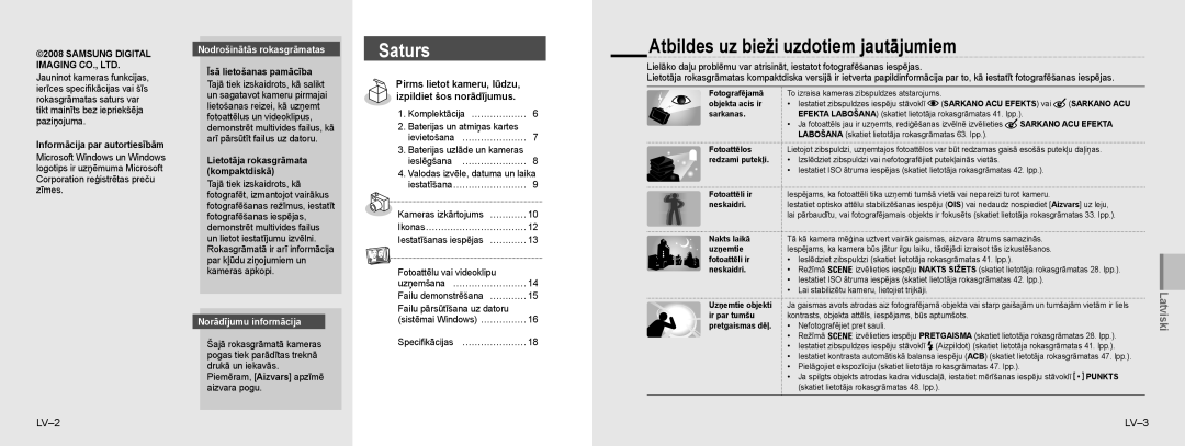 Samsung EC-NV9ZZSBA/E3 Atbildes uz bieži uzdotiem jautājumiem, LV-2, Nodrošinātās rokasgrāmatas, Norādījumu informācija 