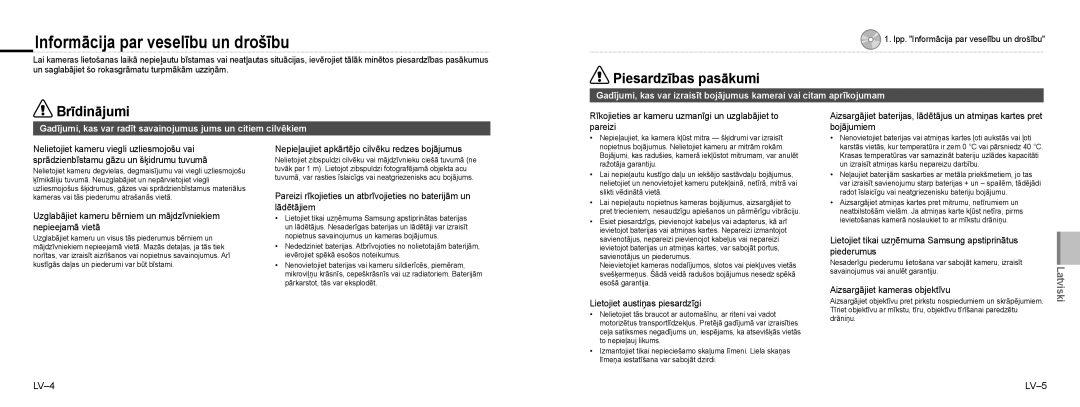 Samsung EC-NV9ZZBBA/E2, EC-NV9ZZSBA/FR, EC-NV9ZZPBA/FR, EC-NV9ZZBBA/FR, EC-NV9ZZSBA/IT Informācija par veselību un drošību 