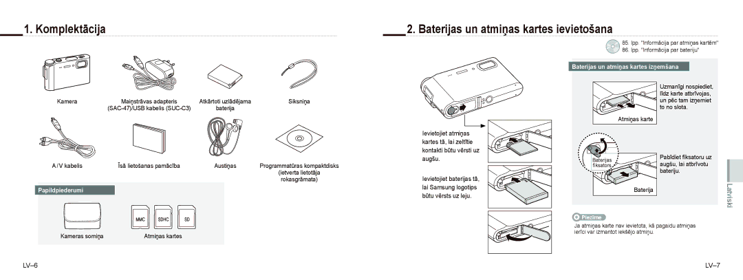 Samsung EC-NV9ZZSBA/E2 Komplektācija Baterijas un atmiņas kartes ievietošana, LV-6, Baterijas un atmiņas kartes izņemšana 