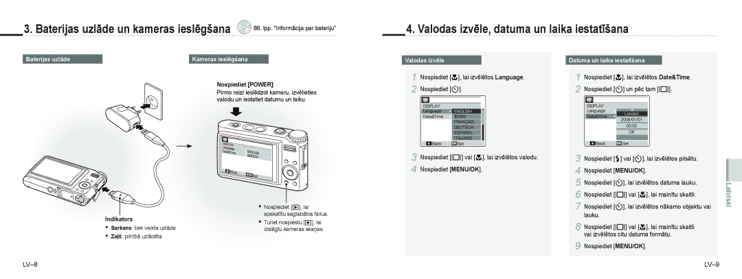 Samsung EC-NV9ZZPBA/E2 manual Valodas izvēle, datuma un laika iestatīšana, Baterijas uzlāde, Datuma un laika iestatīšana 