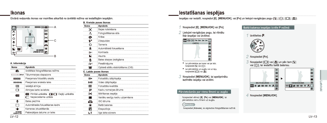 Samsung EC-NV9ZZBBA/RU, EC-NV9ZZSBA/FR, EC-NV9ZZPBA/FR Ikonas, Iestatīšanas iespējas, Nospiediet E, MENU/OK vai Fn, LV-12 