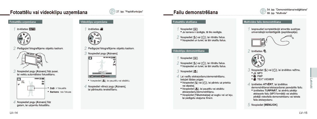 Samsung EC-NV9ZZSBA/RU, EC-NV9ZZSBA/FR, EC-NV9ZZPBA/FR manual Fotoattēlu vai videoklipu uzņemšana, Failu demonstrēšana 