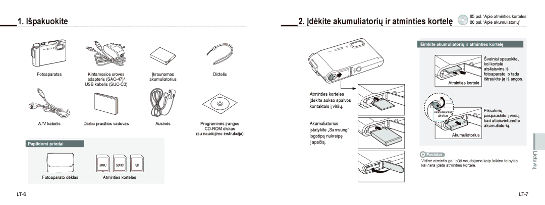 Samsung EC-NV9ZZPBA/IT, EC-NV9ZZSBA/FR Išpakuokite, LT-6, Išimkite akumuliatorių ir atminties kortelę, Papildomi priedai 