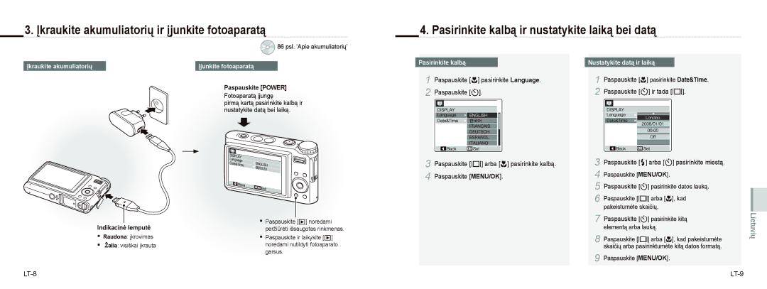 Samsung EC-NV9ZZBBB/IT Įkraukite akumuliatorių ir įjunkite fotoaparatą, Pasirinkite kalbą ir nustatykite laiką bei datą 