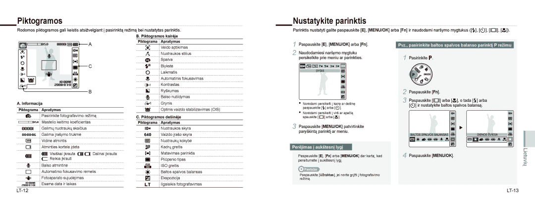 Samsung EC-NV9ZZBBA/IT, EC-NV9ZZSBA/FR, EC-NV9ZZPBA/FR Piktogramos Nustatykite parinktis, LT-12, Perėjimas į aukštesnį lygį 