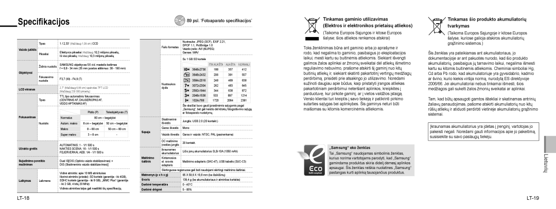 Samsung EC-NV9ZZBBA/VN, EC-NV9ZZSBA/FR, EC-NV9ZZPBA/FR, EC-NV9ZZBBA/FR manual Speciﬁkacijos, LT-18, „Samsung eko ženklas 