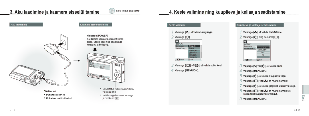 Samsung EC-NV9ZZSBA/E3 Aku laadimine ja kaamera sisselülitamine, Keele valimine ning kuupäeva ja kellaaja seadistamine 