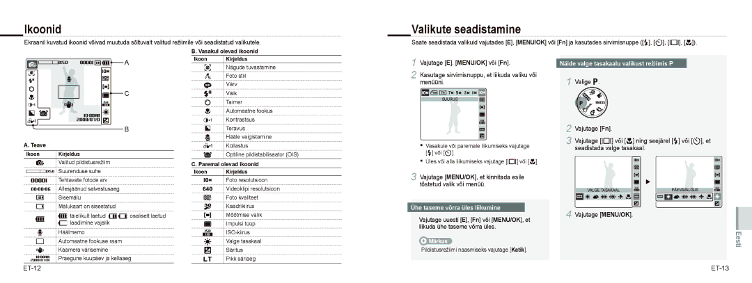 Samsung EC-NV9ZZSBA/E2, EC-NV9ZZSBA/FR manual Ikoonid, Valikute seadistamine, Vajutage E, MENU/OK või Fn, ET-12 ET-13 