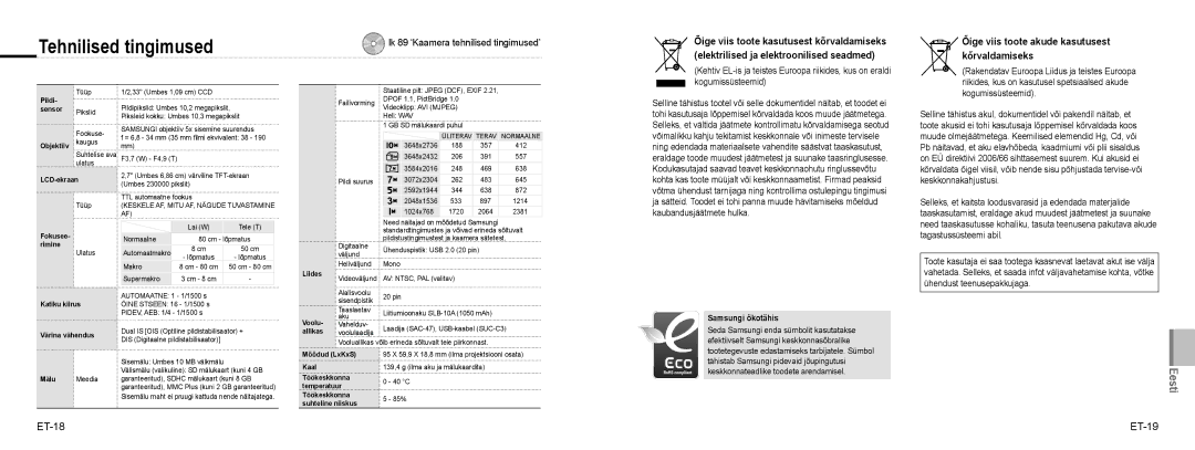 Samsung EC-NV9ZZBBA/RU manual Tehnilised tingimused, ET-18 ET-19, Lk 89 ‘Kaamera tehnilised tingimused’, Samsungi ökotähis 