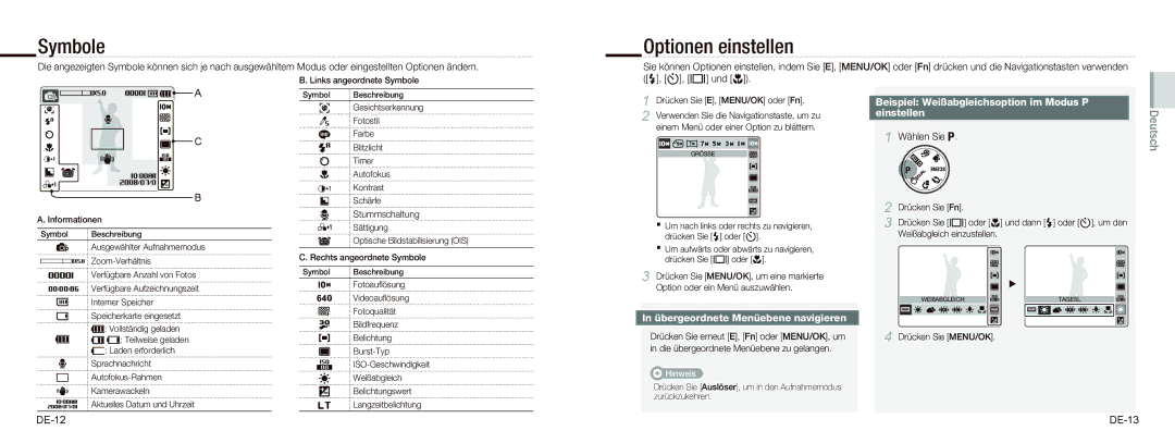 Samsung EC-NV9ZZSBA/E2, EC-NV9ZZSBA/FR Symbole, Optionen einstellen, Beispiel Weißabgleichsoption im Modus P Einstellen 